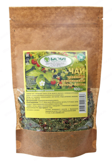 Чай травяной с земляникой Горного Алтая, Биолит, 100 гр